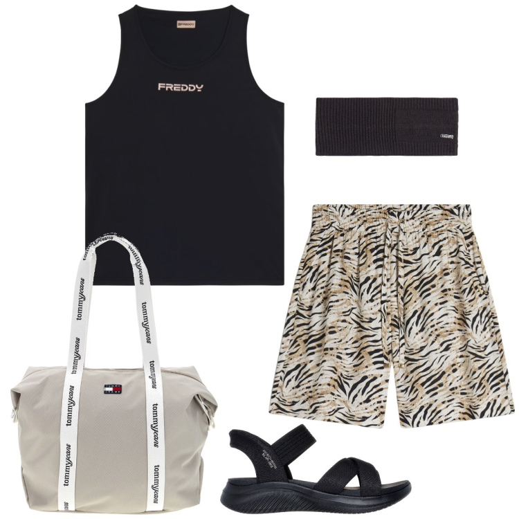 Outfit donna - Total look #2432000. Stile Sporty chic per Tutti i giorni. Abbinamento con accessori per capelli, canottiere, bermuda, sandali col tacco, shopping bag.