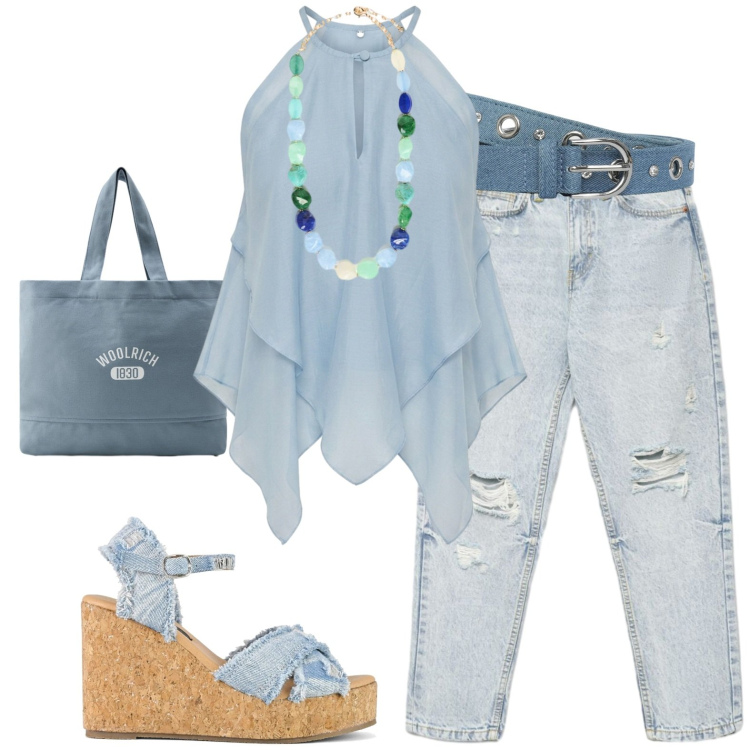 Outfit donna - Chic e casual. Stile Casual chic per Tutti i giorni. Abbinamento con cinture, jeans mom, collane, borse tote, canottiere, zeppe.
