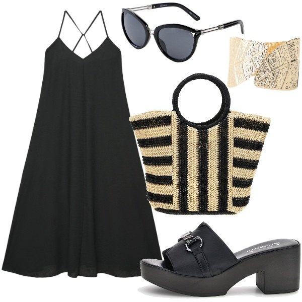 Outfit donna - Diva. Stile Chic per Tutti i giorni. Abbinamento con occhiali da sole, vestiti lunghi, braccialetti, sandali col tacco, borse a mano.