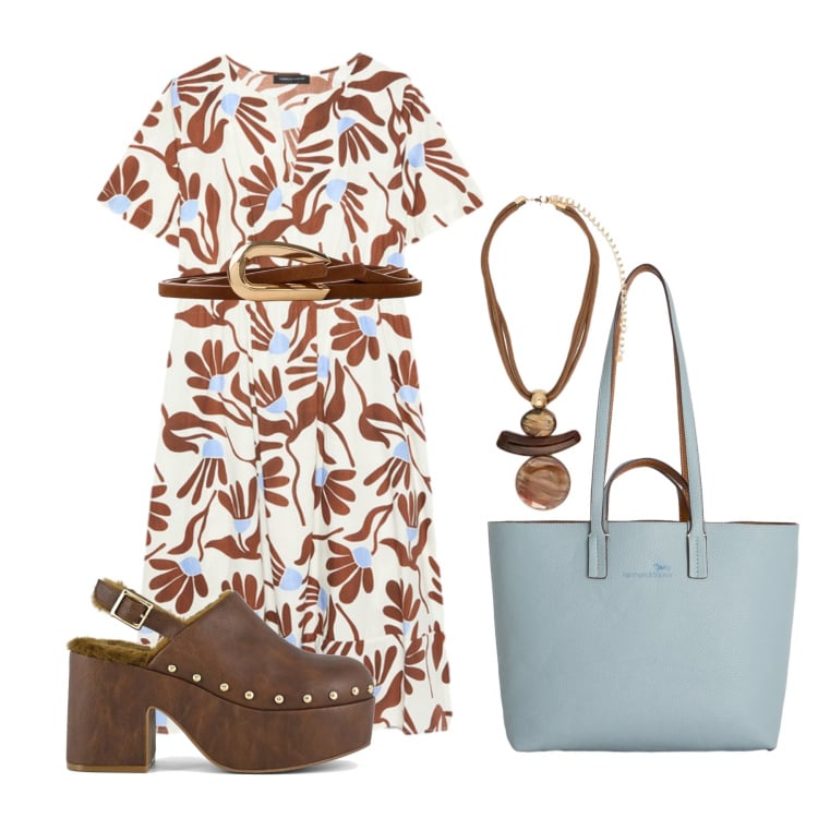 Outfit donna - Luglio. Stile Trendy per Tutti i giorni. Abbinamento con cinture, shopping bag, vestiti lunghi, ciondoli, sabot.