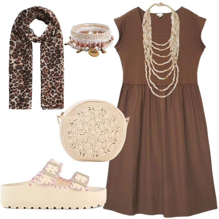 Outfit donna - Tocco di animalier. Stile Casual per Tutti i giorni. Abbinamento con borse a tracolla, braccialetti con ciondoli, vestiti corti, foulard, collane, ciabatte.