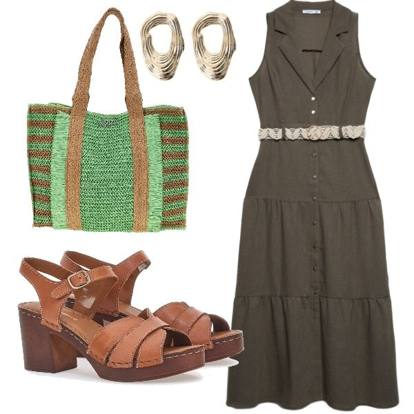 Outfit donna - Verde e cuoio. Stile Glamour per Tutti i giorni. Abbinamento con vestiti chemisier, orecchini, sandali in pelle, borse a spalla.