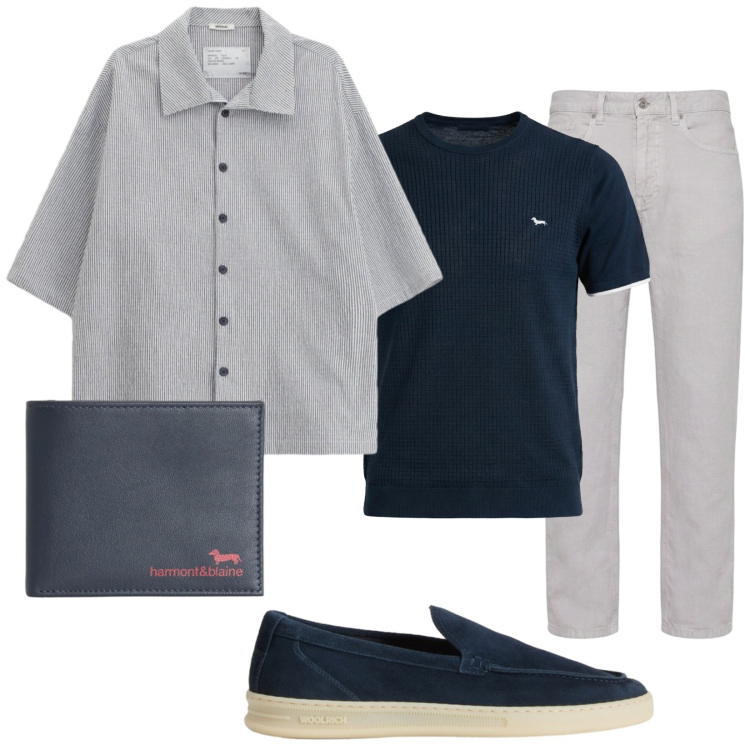 Outfit uomo - Tramonto e aperitivo. Stile Trendy per Tutti i giorni. Abbinamento con t-shirt, pantaloni, portafogli, scarpe stringate, camicie a manica corta.