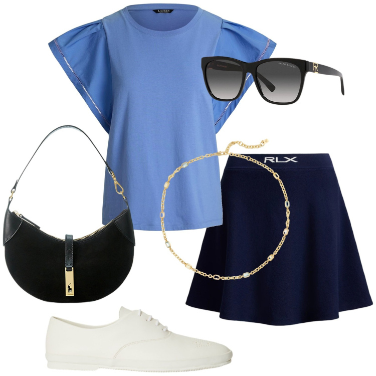 Outfit donna - Città a luglio. Stile Casual chic per Tutti i giorni. Abbinamento con top, borse a spalla, collane, sneakers, minigonne, occhiali da sole.