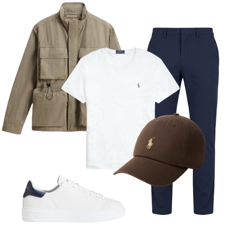 Outfit uomo - Luglio in montagna. Stile Casual per Tutti i giorni. Abbinamento con pantaloni chino, sneakers, giacche, cappelli con visiera, t-shirt.