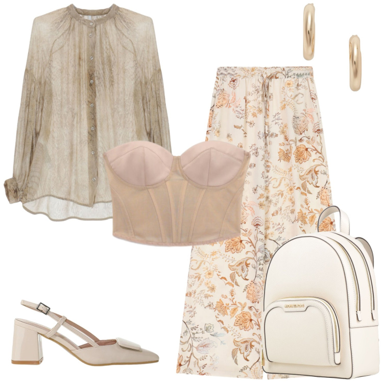Outfit donna - Total look #2432037. Abbinamento con zaini, pantaloni a palazzo, décolleté, camicie, top, orecchini.
