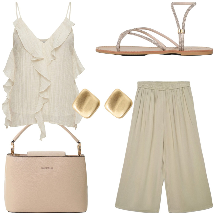 Outfit donna - Eleganza senza tempo. Stile Chic per Serata fuori. Abbinamento con pantaloni a palazzo, sandali, canottiere, borse a secchiello, orecchini.