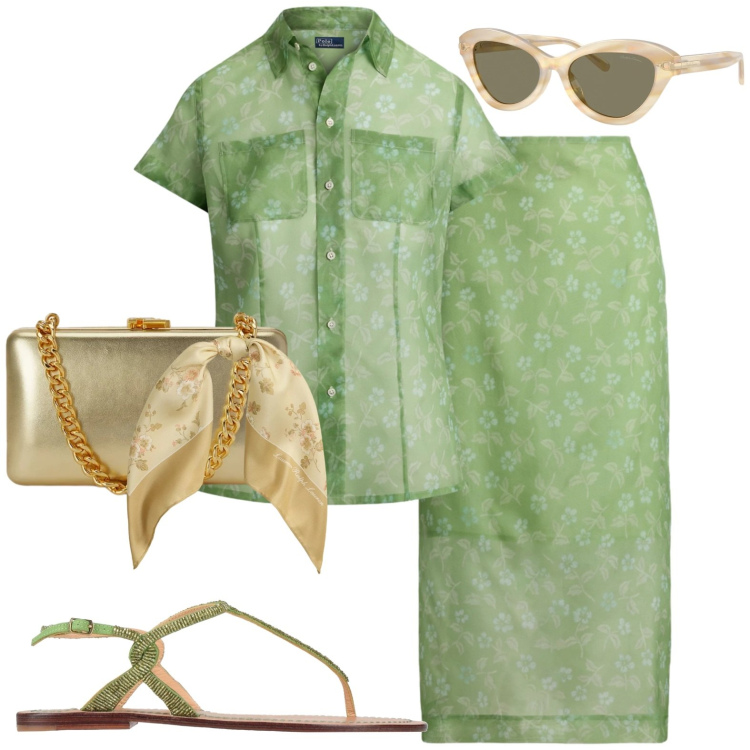 Outfit donna - Total look #2432040. Stile Casual chic per Tutti i giorni. Abbinamento con infradito, gonne longuette, occhiali da sole, clutch, camicie a manica corta, foulard.