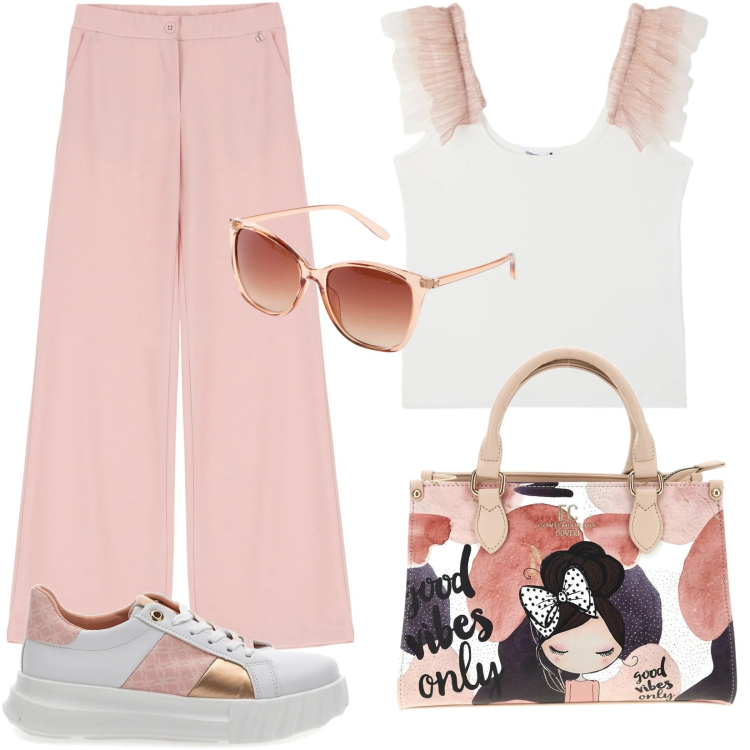 Outfit donna - La vie en rose. Stile Bon Ton per Tutti i giorni. Abbinamento con occhiali da sole, canottiere, pantaloni, sneakers, borse a mano.