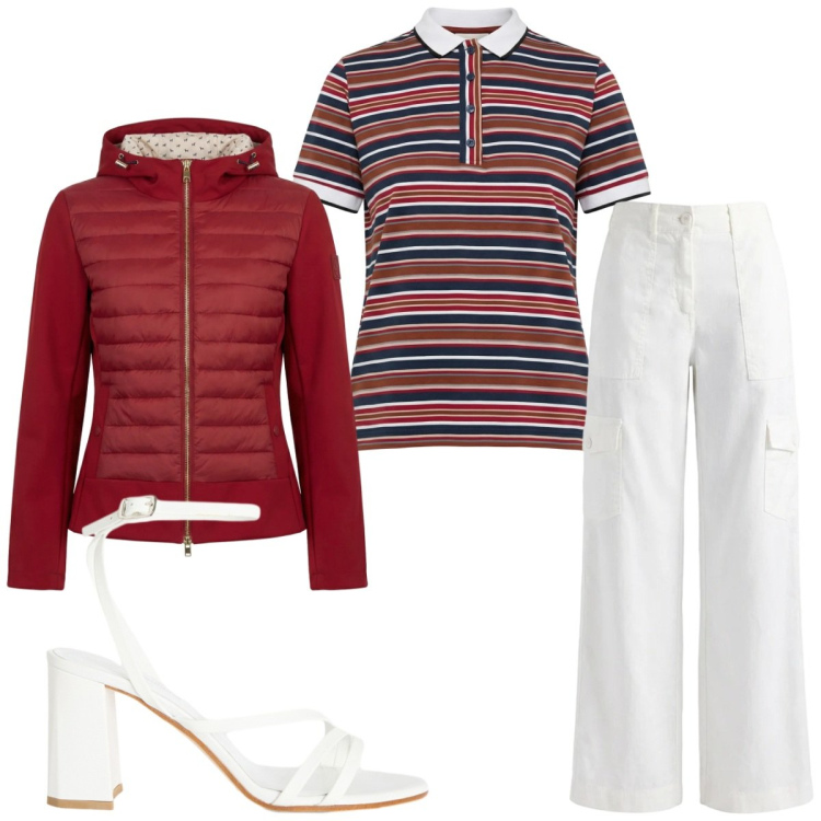 Outfit donna - Harmont & Blaine- Casual chic in rosso. Stile Casual chic per Tutti i giorni. Abbinamento con giacche, sandali in pelle, polo, pantaloni cargo.