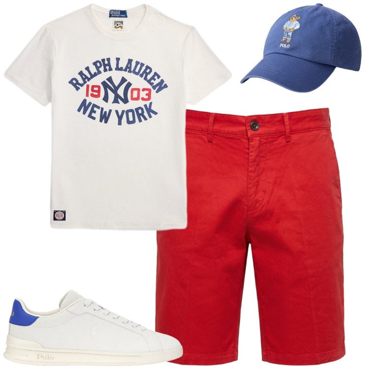 Outfit uomo - City. Stile Casual per Tutti i giorni. Abbinamento con bermuda, sneakers, t-shirt, cappelli.