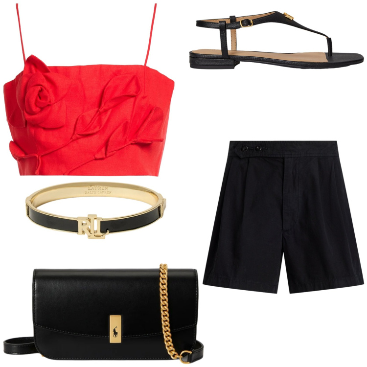 Outfit donna - Stilosa. Stile Chic per Tutti i giorni. Abbinamento con top, sandali in pelle, shorts, clutch, braccialetti.