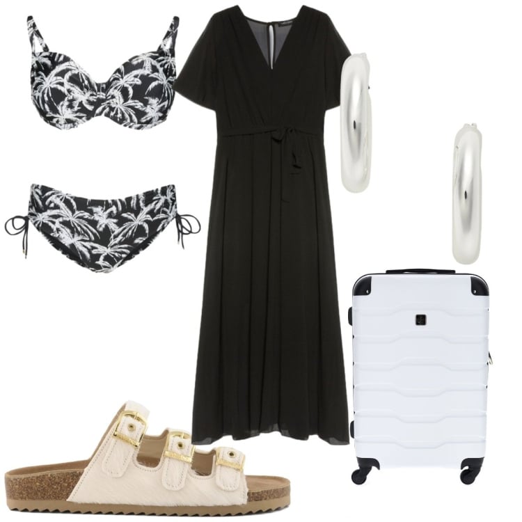 Outfit donna - Fiorella Rubino- black & white. Stile Trendy per Mare. Abbinamento con vestiti lunghi, bikini, orecchini, valigie, sandali in pelle.