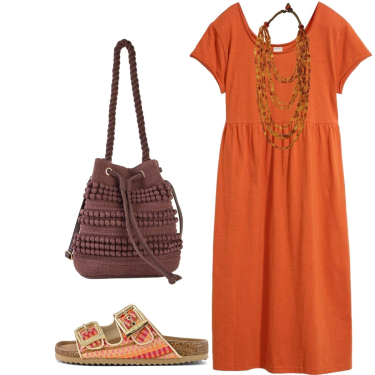 Outfit donna - Serata con gli amici. Stile Casual chic per Serata fuori. Abbinamento con vestiti midi/longuette, borse a secchiello, collane, sandali.