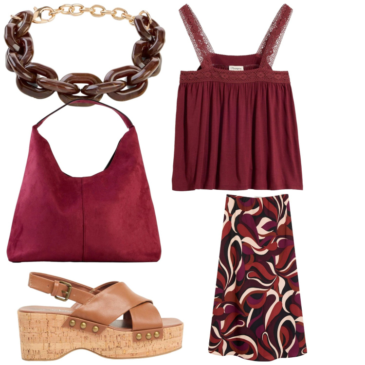 Outfit donna - Etno chic. Stile Etnico per Tutti i giorni. Abbinamento con gonne longuette, borse a spalla, zeppe, braccialetti, top.