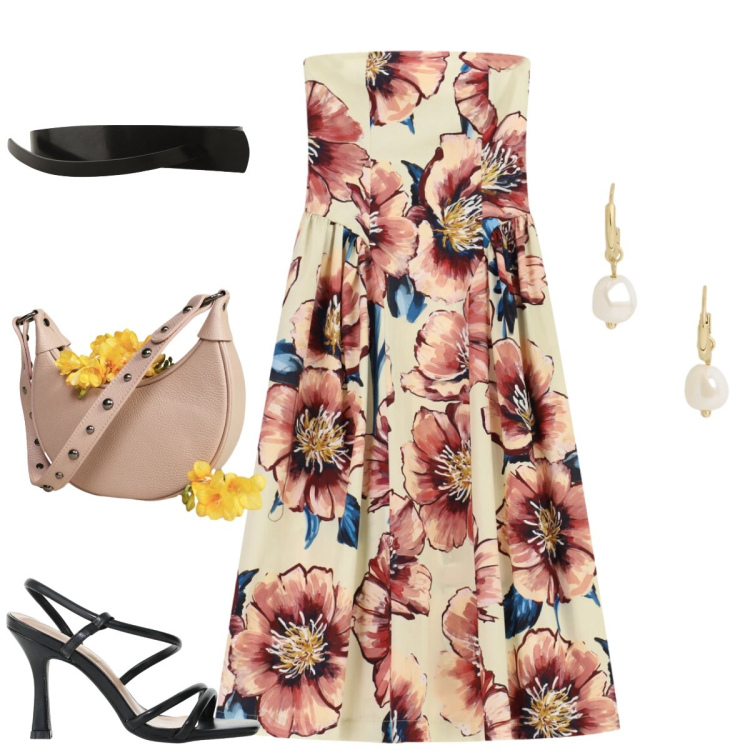 Outfit donna - Total look #2432063. Stile Romantica per Serata fuori. Abbinamento con vestiti midi/longuette, sandali col tacco, cinture, borse a spalla, orecchini.