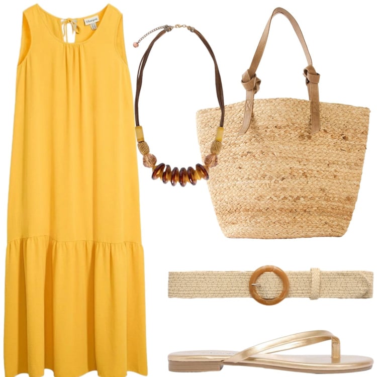 Outfit donna - Sun day. Stile Casual chic per Tutti i giorni. Abbinamento con shopping bag, sandali, vestiti lunghi, cinture, collane.