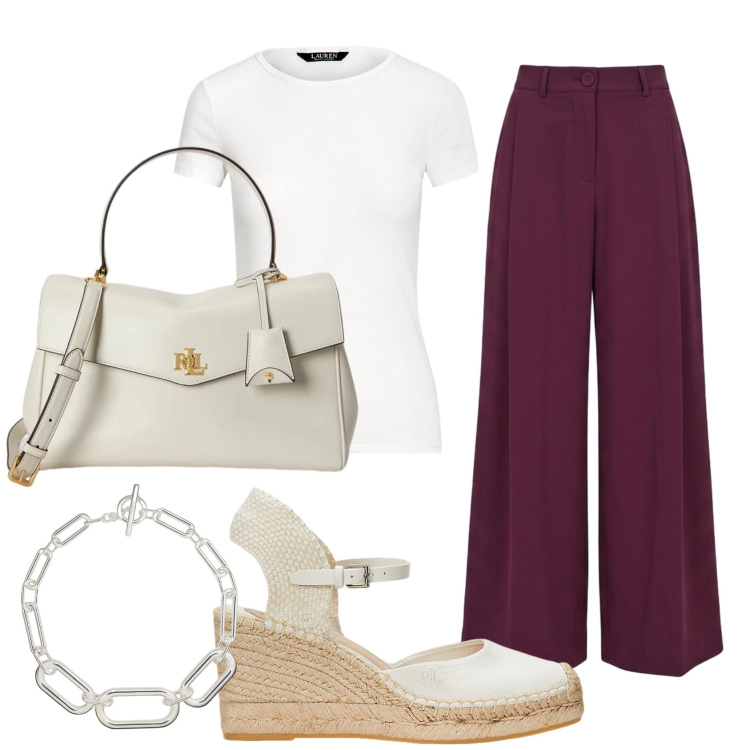 Outfit donna - Total look #2432065. Stile Minimal per Tutti i giorni. Abbinamento con pantaloni a palazzo, t-shirt, espadrillas, borse a mano, collane.