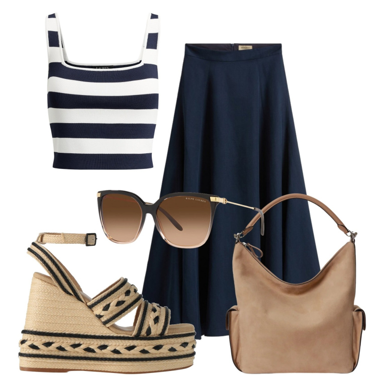 Outfit donna - Total look #2432067. Stile Bon Ton per Ufficio. Abbinamento con espadrillas, occhiali da sole, top, borse a spalla, gonne lunghe.
