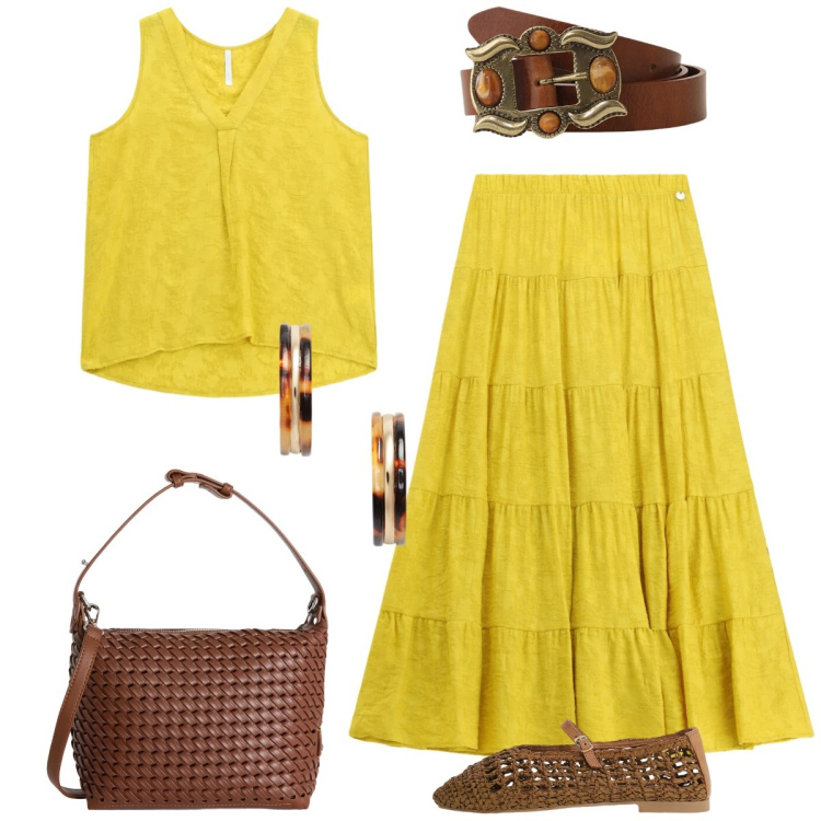 Outfit donna - Total look #2432068. Stile Boho per Tutti i giorni. Abbinamento con borse a spalla, orecchini, ballerine, cinture, gonne lunghe, top.