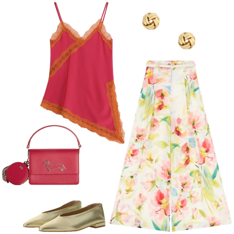 Outfit donna - Total look #2432071. Stile Romantica per Tutti i giorni. Abbinamento con borse a tracolla, orecchini, ballerine, top, pantaloni a palazzo.