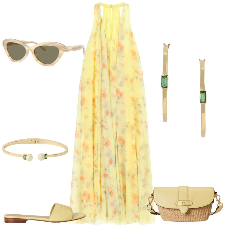 Outfit donna - Total look #2432076. Stile Romantica per Tutti i giorni. Abbinamento con occhiali da sole, ciabatte, orecchini, braccialetti, borse a tracolla, vestiti lunghi.