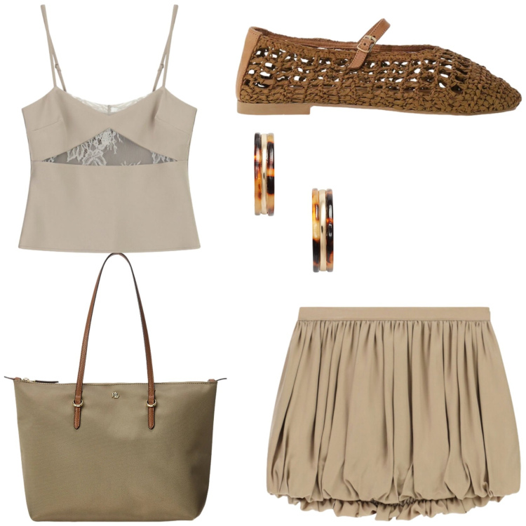 Outfit donna - In vacanza. Stile Basic per Tutti i giorni. Abbinamento con ballerine, minigonne, top, borse tote, orecchini.