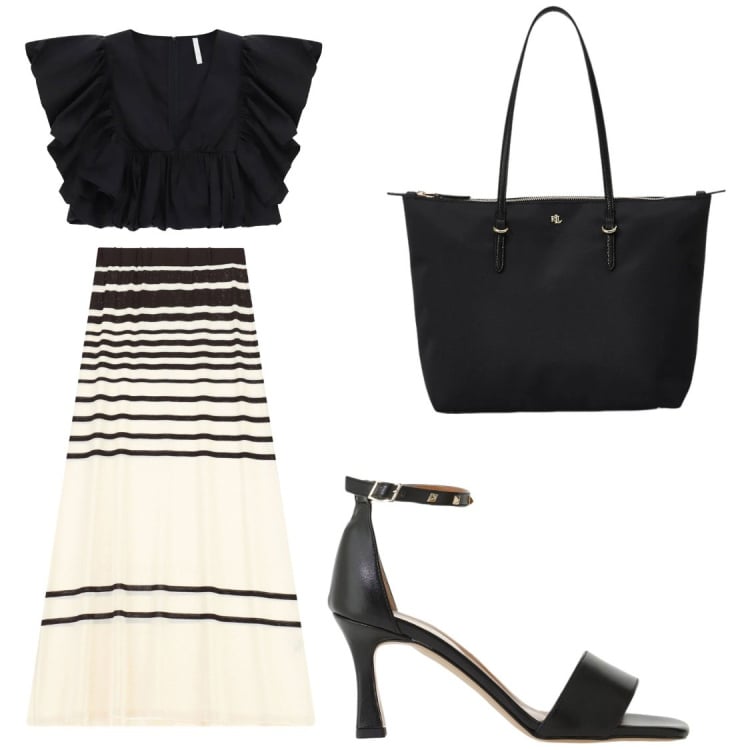 Outfit donna - Sera top nero, giorno top in crema. Stile Chic per Serata fuori. Abbinamento con sandali col tacco, gonne lunghe, top, borse tote.