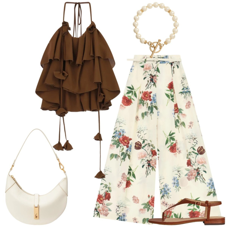 Outfit donna - Total look #2432080. Stile Romantica per Tutti i giorni. Abbinamento con pantaloni a palazzo, top, sandali in pelle, borse a spalla, collane.