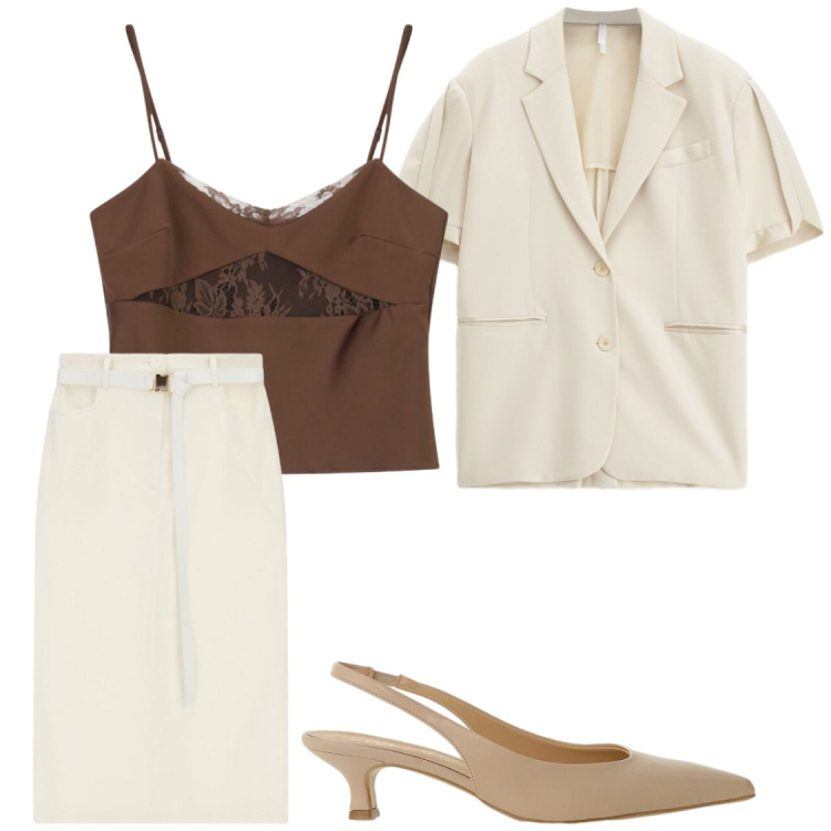 Outfit donna - Tra ufficio e apericena. Stile Chic per Ufficio. Abbinamento con canottiere, gonne longuette, blazer, décolleté.