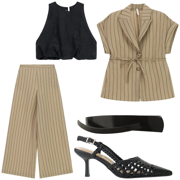 Outfit donna - Ci vediamo dopo il lavoro. Stile Chic per Ufficio. Abbinamento con cinture, décolleté, blazer, top, pantaloni a palazzo.