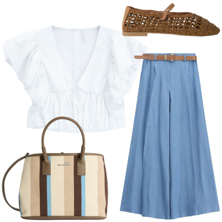 Outfit donna - Jeans comodi e ballerine in rafia. Stile Urban per Tutti i giorni. Abbinamento con shopping bag, ballerine, jeans, top.