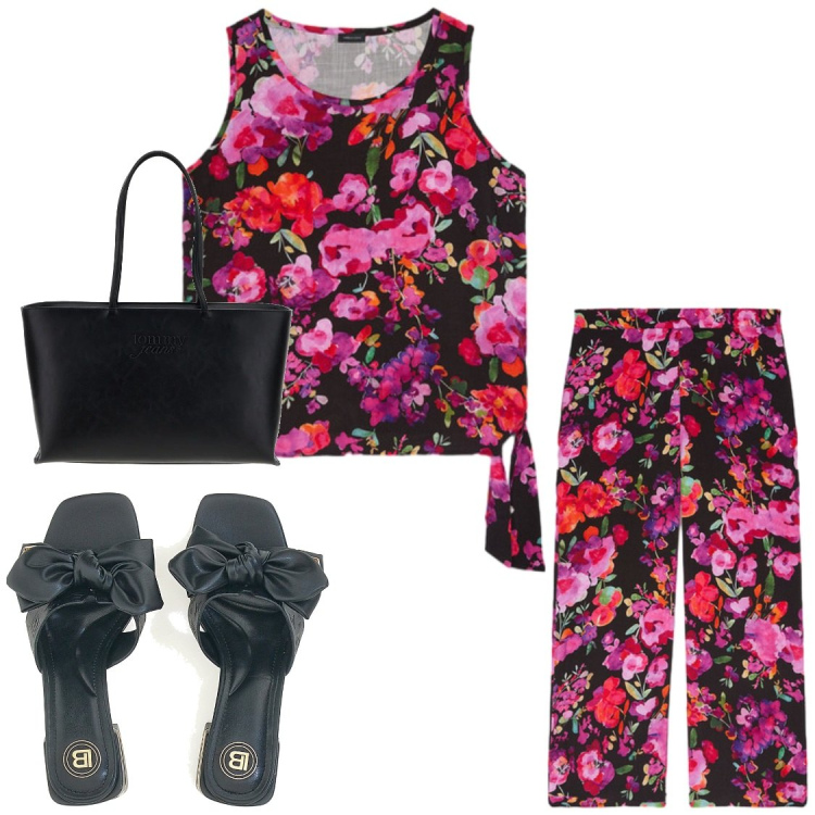 Outfit donna - Fiori di Fiorella Rubino. Stile Chic per Tutti i giorni. Abbinamento con pantaloni, top, borse a spalla, ciabatte.