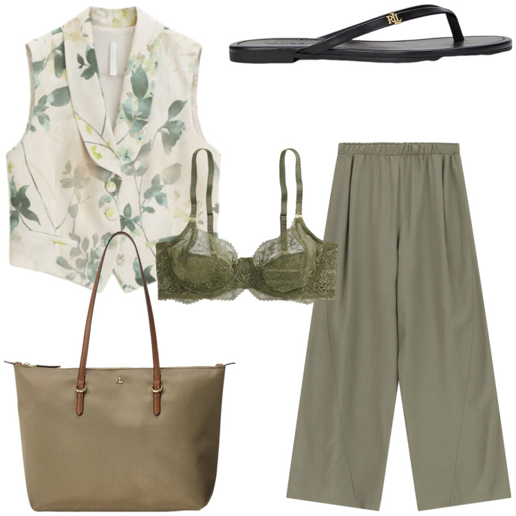 Outfit donna - Tonalità verde. Stile Casual chic per Tutti i giorni. Abbinamento con gilet, pantaloni a palazzo, reggiseni, borse tote, ciabatte.
