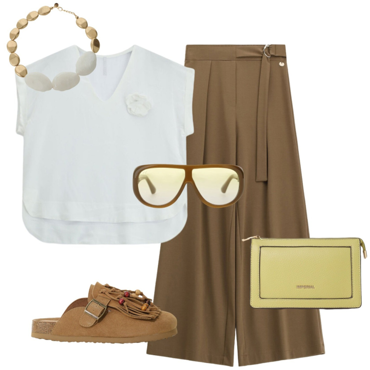 Outfit donna - Dove andiamo?!. Stile Casual per Tutti i giorni. Abbinamento con pantaloni a palazzo, occhiali da sole, borse a tracolla, sabot, bluse, collane.