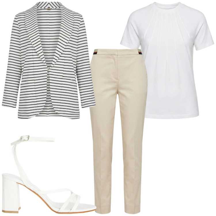 Outfit donna - I classici di Harmont&Blain. Stile Chic per Ufficio. Abbinamento con sandali in pelle, pantaloni chino, t-shirt, blazer.