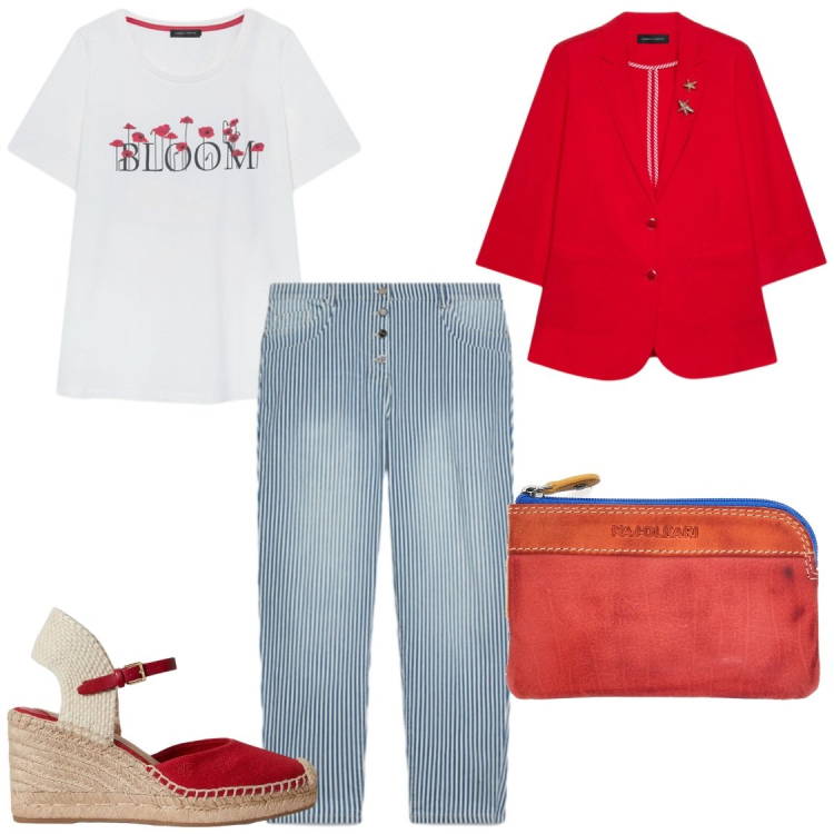 Outfit donna - Luglio in ufficio ma con i colori. Stile Chic per Ufficio. Abbinamento con blazer, jeans, t-shirt, zeppe, portachiavi.