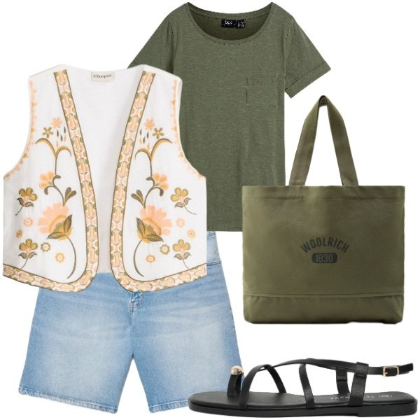 Outfit donna - Total look #2432106. Abbinamento con t-shirt, gilet, shorts, sandali, borse tote.