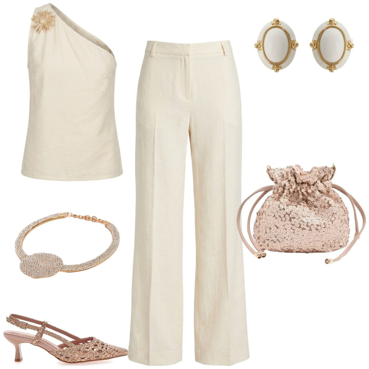 Outfit donna - Minimal chic serata evento. Stile Chic per Serata fuori. Abbinamento con pochette, orecchini, top, pantaloni, collane, décolleté.
