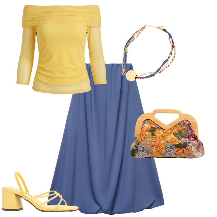 Outfit donna - Giallo sole e carta da zucchero. Stile Casual chic per Tutti i giorni. Abbinamento con sandali col tacco, gonne lunghe, top, clutch, collane.
