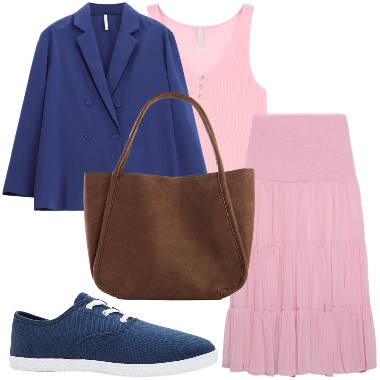 Outfit donna - Abbinamento femminile. Stile Casual per Tutti i giorni. Abbinamento con sneakers, shopping bag, gonne lunghe, canottiere, blazer.