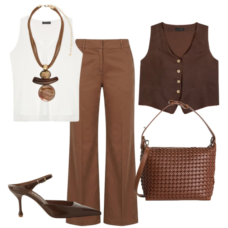 Outfit donna - Borsa intrecciata. Stile Mannish per Ufficio. Abbinamento con pantaloni, borse a spalla, top, ciondoli, gilet, décolleté.