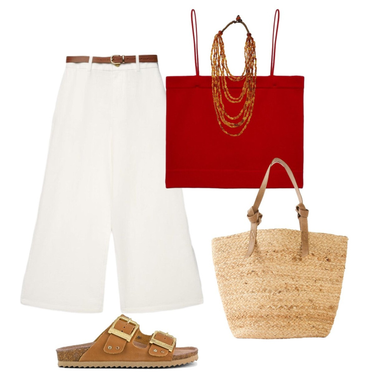 Outfit donna - Il top color paprika. Stile Glamour per Serata fuori. Abbinamento con shopping bag, pantaloni a palazzo, top, collane, sandali.
