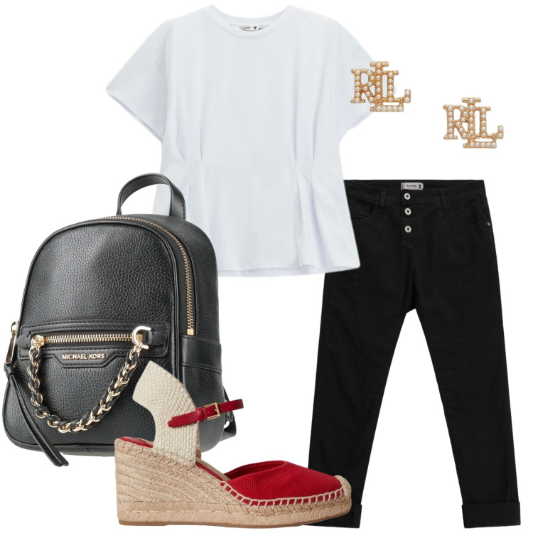 Outfit donna - Orecchini luminosi. Stile Casual per Scuola/Università. Abbinamento con zaini, pantaloni, t-shirt, orecchini, zeppe.