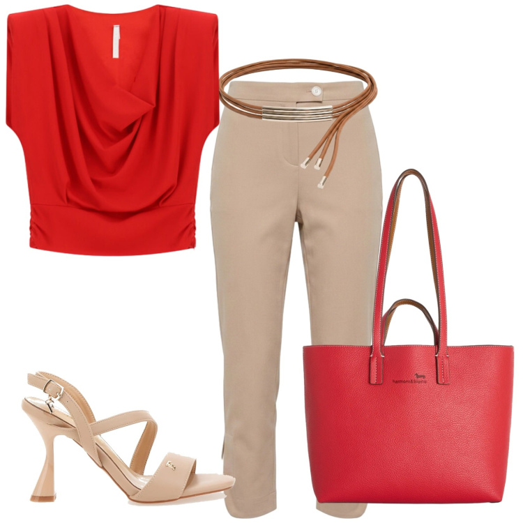 Outfit donna - Maxi bag rossa. Stile Casual chic per Ufficio. Abbinamento con shopping bag, pantaloni, cinture, top, sandali col tacco.