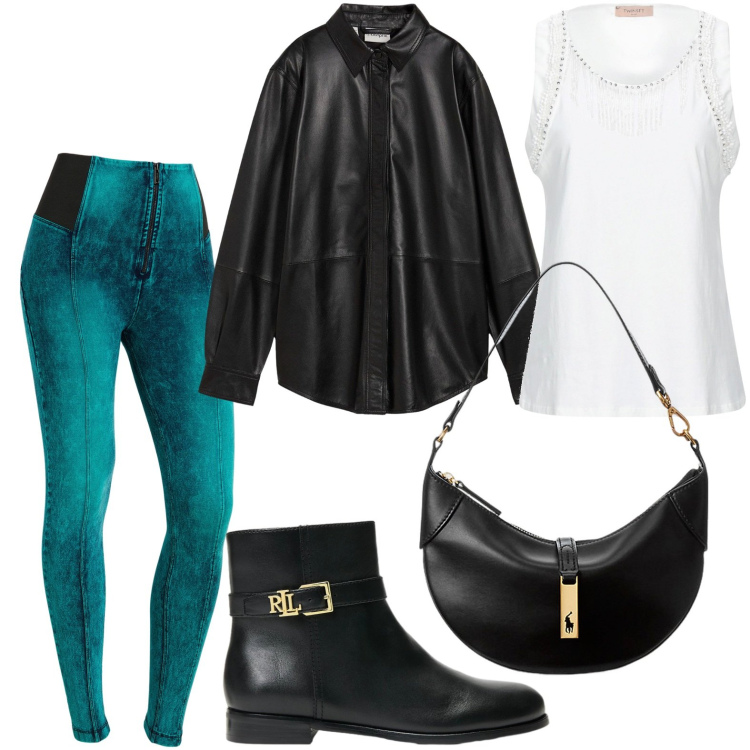 Outfit donna - Nota contemporanea. Stile Glamour per Tutti i giorni. Abbinamento con top, camicie, jeggings, borse a spalla, stivaletti.