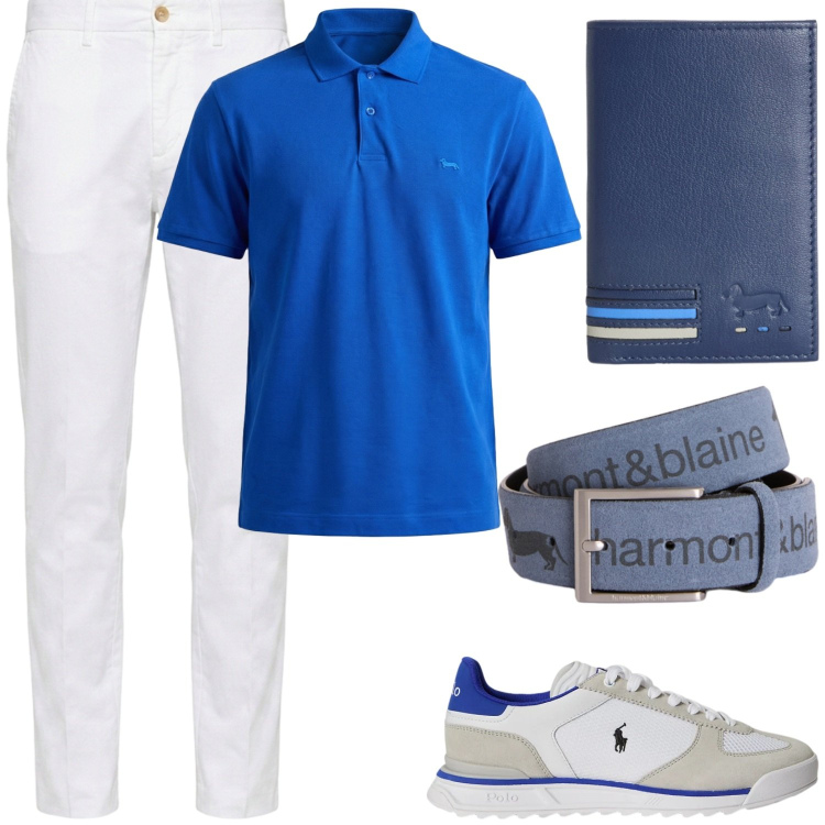 Outfit uomo - Elettrico in blu. Stile Casual per Tutti i giorni. Abbinamento con cinture, portafogli, polo, pantaloni chino, sneakers.
