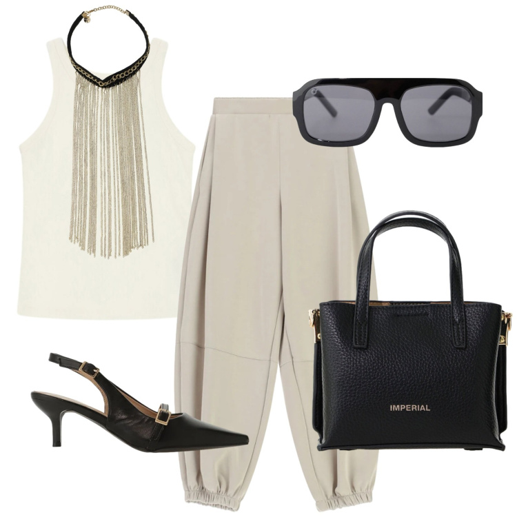 Outfit donna - Day/night con cambio accessori. Stile Trendy per Tutti i giorni. Abbinamento con collane, occhiali da sole, pantaloni, sandali col tacco, borse a tracolla, top.