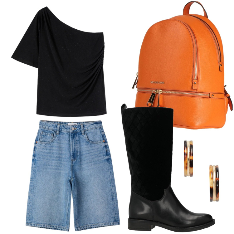 Outfit donna - Estetica casual. Stile Basic per Tutti i giorni. Abbinamento con zaini, stivali, bermuda, t-shirt, orecchini.