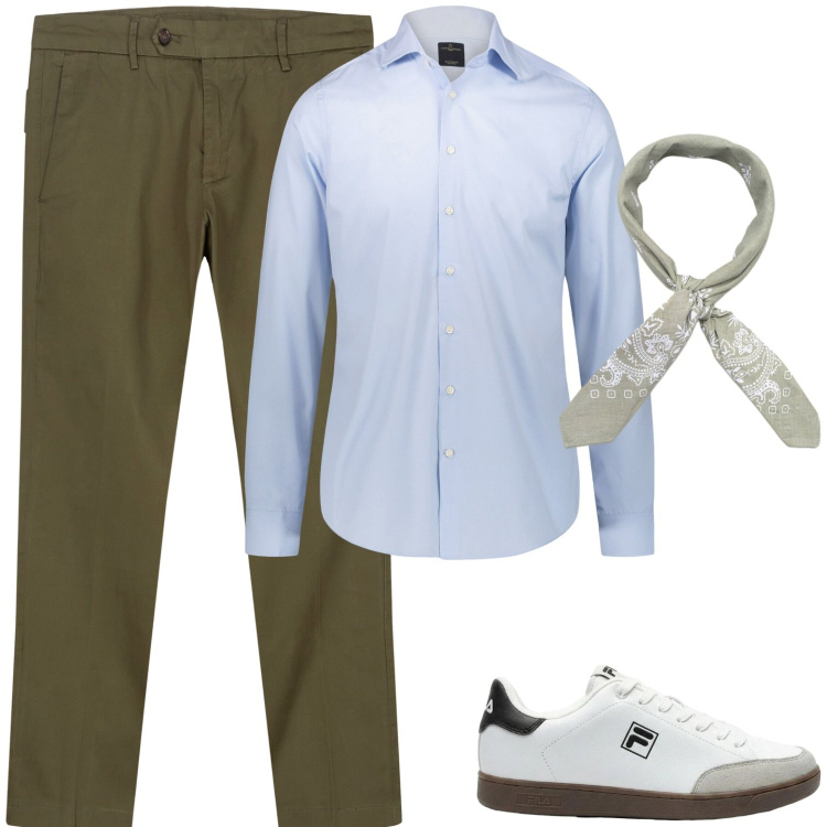 Outfit uomo - Aperitivo con te. Stile Casual per Serata speciale. Abbinamento con sneakers, camicie, pantaloni chino, sciarpe e foulard.